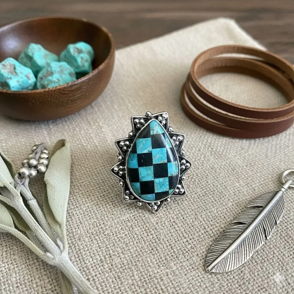 Trendy Southwest Aurora Opal And Onyx Checkerboard Sterling Silver Boho Ring